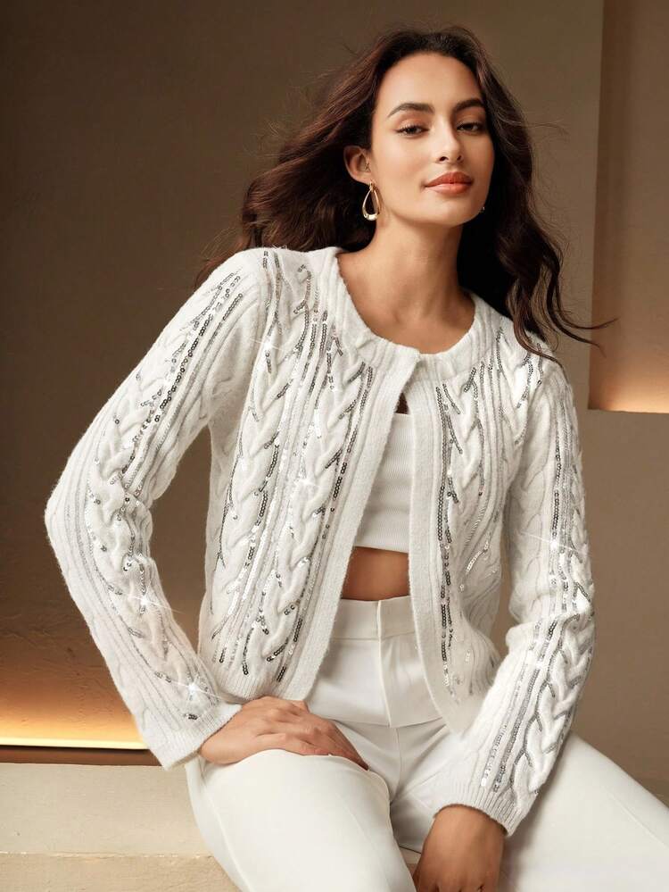 Chaqueta de punto con mangas largas, bordada con lentejuelas y hilo plateado para mujer