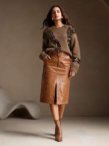 Anewsta Áo len cổ tròn thêu sequin thời trang cao cấp kiểu Pháp cổ điển, thu/đông - Màu nâu  Mocha - Xem 5