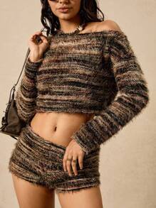 Easelle Women's Chic Fuzzy Knit Two Piece Set,Autumn Brunch Asymmetrical Shoulder Long Sleeve Crop Top And Shorts,All Shades Of Brown Sweater Set - Multicolor - View 8