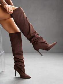 CUCCOO SZL Rhinestone Pointed Toe Ruched Over-The-Knee High Heeled Boots, Fashion Date Night Party Outfit For Christmas - Mocha Brown - View 8