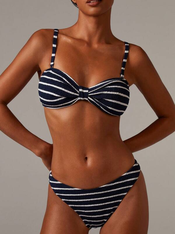 Athîral Conjunto de bikini de mujer con tela de rayas elástica y arrugada