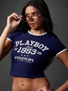 Missguided x Playboy 徽标短款 T 恤复古学院风印花短袖 Ringer T 恤经典大学设计休闲装针织夏季上衣 - 藏蓝色 - 查看 1