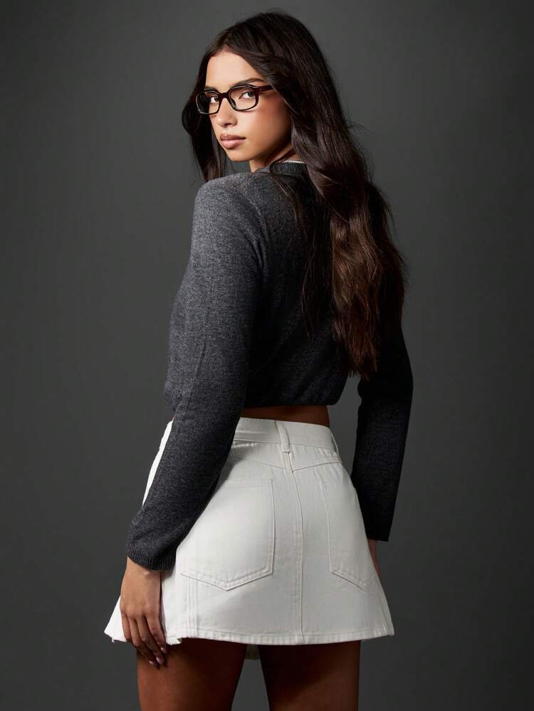 MISSGUIDED A-Line High Waisted Mini Skater Skirt With Pleated Design Front Pockets Premium Rigid Denim Western Casual Autumn Spring Wear