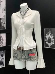 EgrlEra 女式复古风格钩针针织开衫薄款夹克 - 杏色 - 查看 1