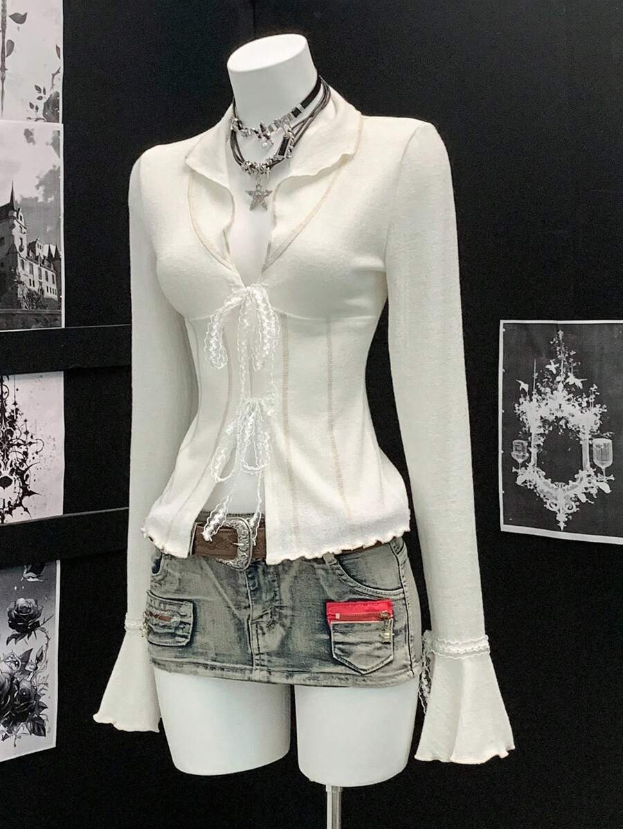 EgrlEra 女式复古风格钩针针织开衫薄款夹克 - 杏色 - 查看 1