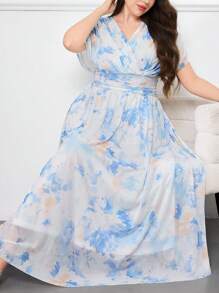 Modelyn Đầm dự tiệc thanh lịch cổ chữ V in hoa cỡ lớn cho nữ tay cánh dơi - Xanh và trắng - Xem 6