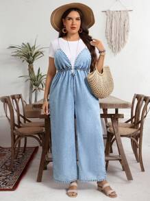 EMERY ROSE Plus Size Casual Vacation Denim Jumpsuit - Blue - View 1