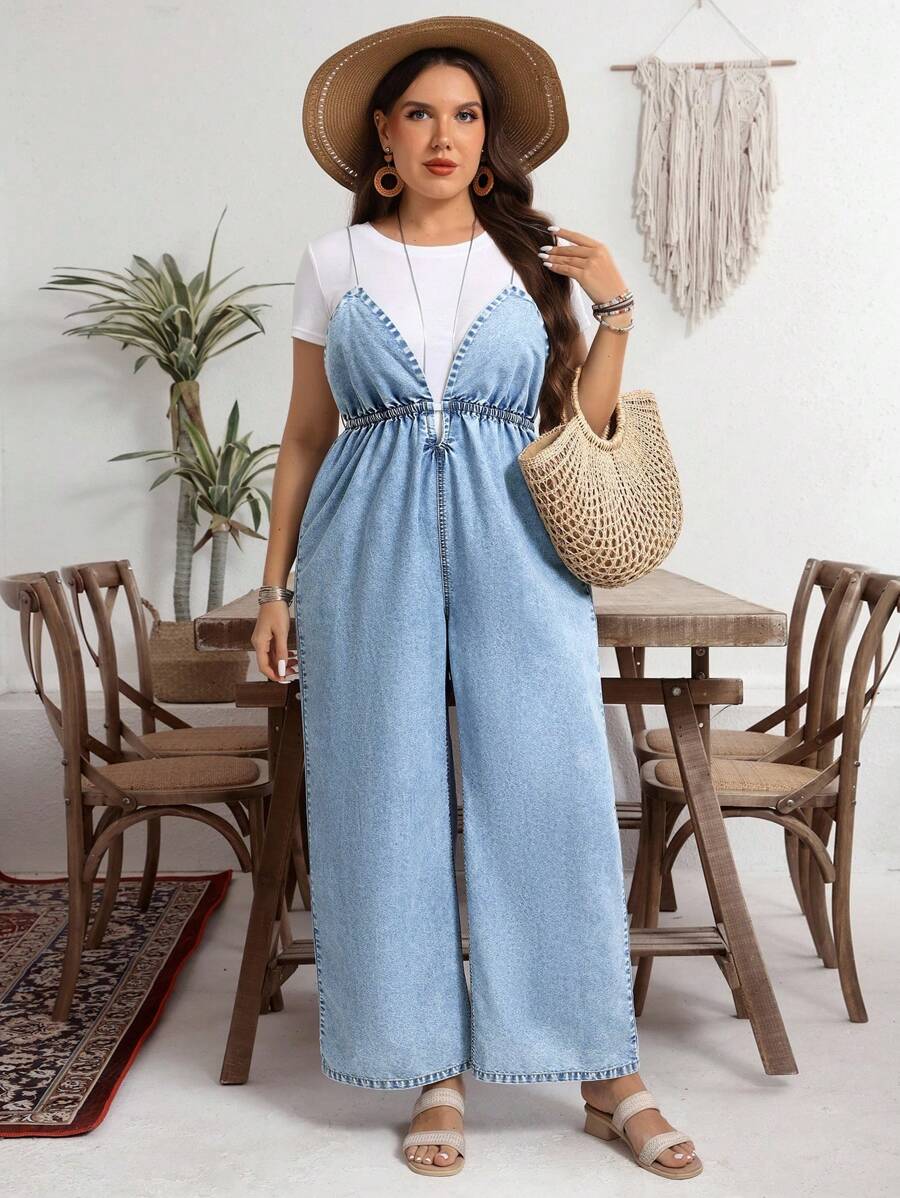 EMERY ROSE Plus Size Casual Vacation Denim Jumpsuit - Blue - View 1