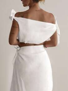 INAWLY 2pcs/Set Women Solid Asymmetrical Hem Cropped Top And Knotted Waist Maxi Skirt Fashionable Set - White - View 3
