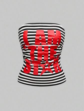 J-Fashion Y2K Slogan & Stern Muster geraffter Taille Frauen K-Pop Bandeau Top