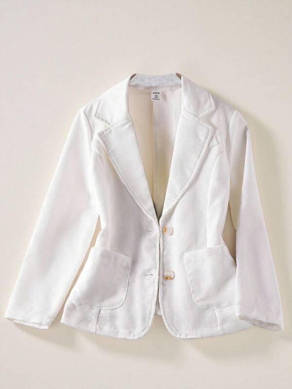SHEIN Tween Girl White Corduroy Cinched Waist Blazer, Elegant Formal Casual Wear, Fall And Winter