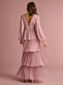 Enchnt Summer Romantic Women's PinkDeep V Neck Lantern Sleeve Layered Ruffle Hem Maxi Dress,Sweet&Elegant For Vacation&Date&Holiday&Birthday&Party&Graduation&Wedding Guest&Beach,Prom Dress,Summer Dresses For Women,Sun Dresses For Women,Summer Clothes,Summer Outfits For Women,Elegant Dresses For Party, - Dusty Pink - View 7