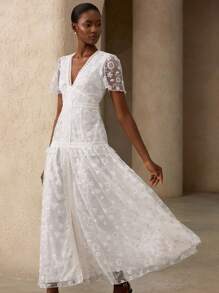 Zanirela White Floral Summer Elegant Vacation Holiday French Style Luxurious Gold Beaded&Lace Trim V-Neck Cinched Waist Maxi Dress For Women - White - View 4