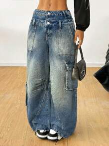 SHEIN Coolane 少女风工装裤，水洗做旧，低腰宽松阔腿牛仔裤，翻盖口袋工装裤，秋冬返校季工装裤，复古风，秋季少女风，街头服饰，90年代朋克哥特街头服饰，万圣节服装，Y2K宽松牛仔裤，超大牛仔裤，水洗牛仔裤，万圣节服装 - 中等水洗藍 - 查看 5