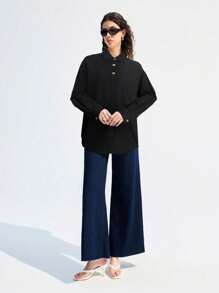 LYSMO Camisa negra holgada de manga larga con diseño de botones para mujer - Negro - Ver 5