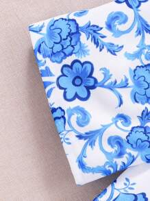 Tween Girls' Floral Print Romper With Round Neck, Sleeveless, School, Campus, College - Blue - View 3