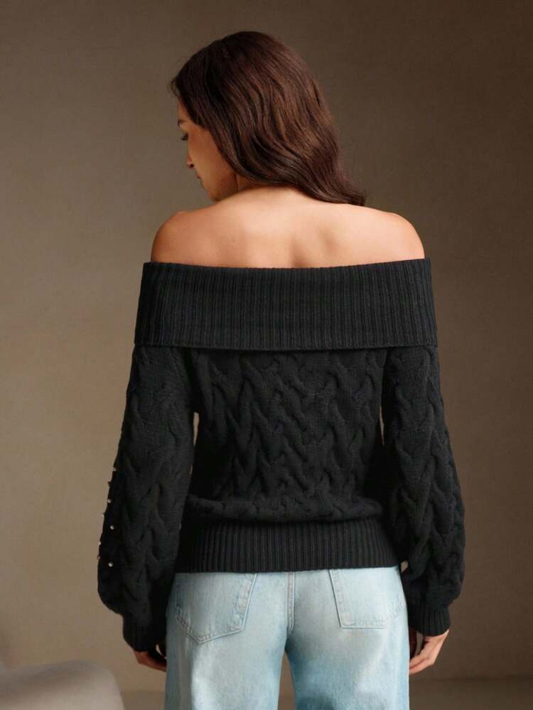 Women's Elegant French Style Pearl Embellished Knit Sweater