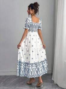 Momance Pregnant Women Square Neck Fitted Waist A-Line Short Sleeve Dress