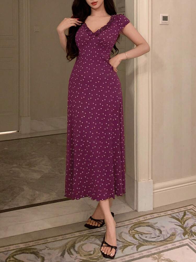 Ditsy Floral Frill Trim Waist Cinched Long Nightgown For Women