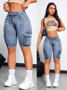 SHEIN ICON Women's Casual Washed Denim Cargo Shorts