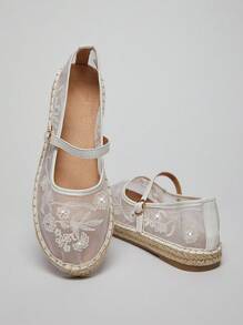 SHUZIA Women's Mesh Ballet Flat With Floral Embroidery - White - View 4