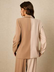Poéselle 卡其色西装，秋季女装，方领，拼色长裙，双色礼服，优雅秋季，静谧奢华时尚，长袖晚礼服，简约婚礼宾客，女士时尚日常休闲通勤拼色长袖西装外套 - 卡其色 - 查看 4