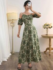 Modelyn Vestito estivo da donna con stampa all-over, stile off-shoulder, motivo arabo