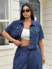 SHEIN ICON 大码女式钩针牛仔夹克，短袖，春夏 - 深色水洗藍 - 查看 3