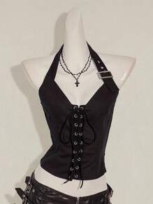 SHEIN ICON 女式夏季性感街头风格简约纯色系带露背背心秋季女装