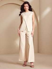 Almamuse 2pcs Women Elegant Casual Solid Color Tank Top And Pants Sets - Apricot - View 1