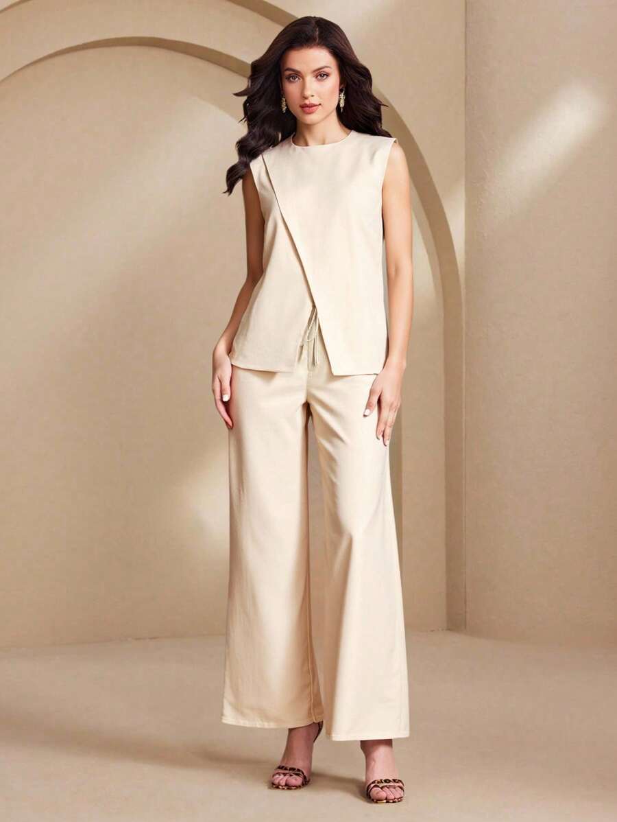 Almamuse 2pcs Women Elegant Casual Solid Color Tank Top And Pants Sets - Apricot - View 1