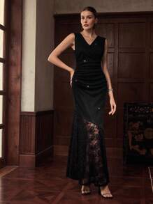 ZEYLAH CONTRAST LACE RUCHED DRESS - Black - View 4