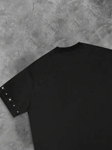 ROMWE MEN Street Life Black Round Neck Short Sleeve Rap Punk Rhinestone Streetwear Style T-Shirt For Men - Black - View 3