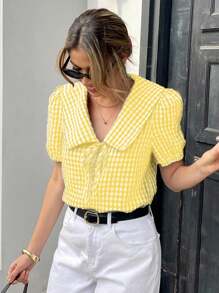 Chiquease 女士夏季休闲格子泡泡袖衬衫 - 黃色 - 查看 3
