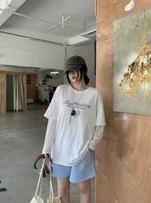 DAZY Camiseta holgada de mujer con estampado de eslogan y hombros caídos, para otoño - Blanco - Ver 6