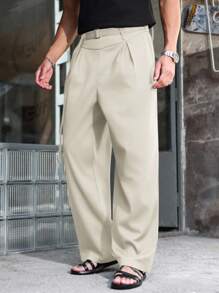 Manfinity Roghcode 男士黑色高腰百褶阔腿裤带腰部装饰配件，时尚百搭高腰裤阔腿裤百褶裤奶油色裤子宽松裤秋季 - 米色 - 查看 6