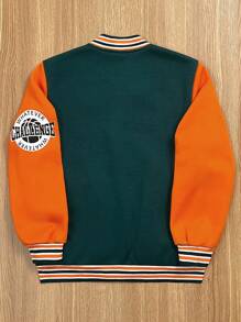 SHEIN 青少年男孩休闲运动数字和字母图案棒球领宽松长袖夹克，适合通勤、上学、日常休闲、旅行、运动、秋冬