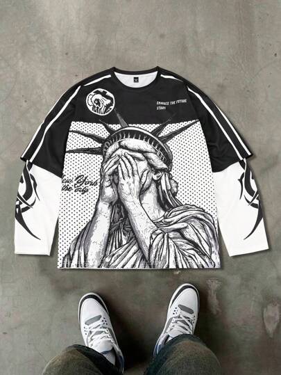 Manfinity EMRG Camiseta casual de manga larga con cuello redondo y estampado de letras 2 en 1 para hombres de talla grande, para el verano y el otoño