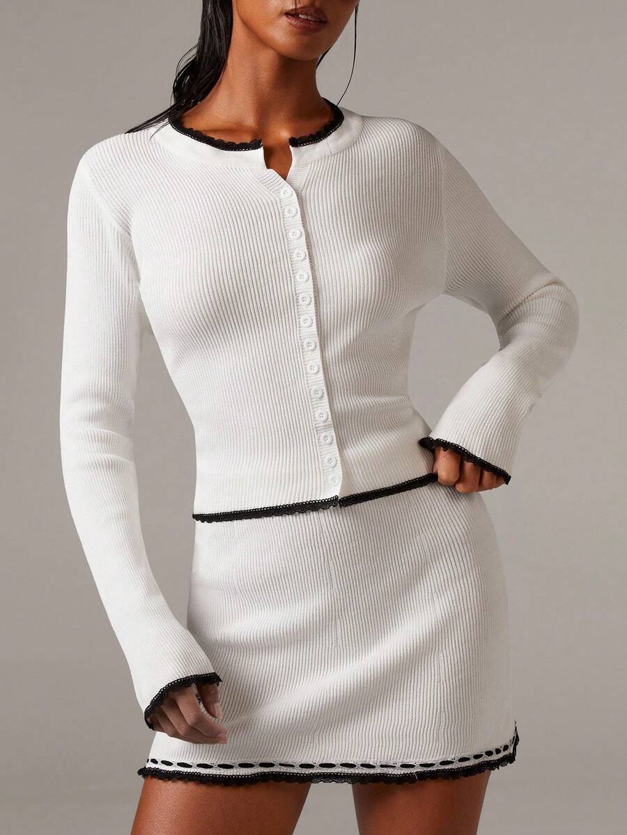 Athîral 2 Pieces Women's Color Block Trim Knitted Cardigan And Skirt Set,Black And White,Autumn,Elegant,Tea Party White Outfit Women Knit Set For Fall/Winter - White - View 1