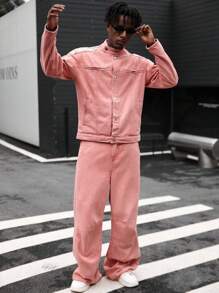 Manfinity EMRG 男士韩国品牌休闲立领牛仔夹克和直筒宽松牛仔裤套装，复古做旧外观，秋季