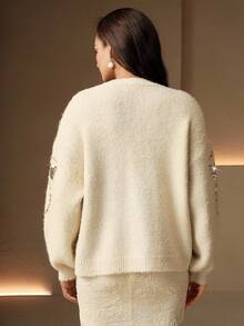 Anewsta 女士刺绣亮片灯笼袖针织开衫，秋冬 - 杏色 - 查看 2