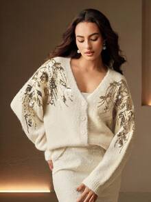 Anewsta 女士刺绣亮片灯笼袖针织开衫，秋冬 - 杏色 - 查看 6