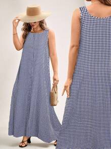 SHEIN LUNE Vestido largo de verano casual y holgado con bolsillos para mujer talla grande a cuadros