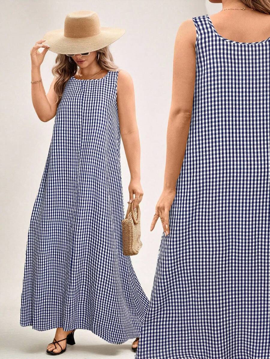SHEIN LUNE Vestido largo de verano casual y holgado con bolsillos para mujer talla grande a cuadros