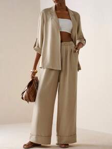 Zivah 2025秋冬新款学院风学生装日常街头基础百搭休闲度假街头风纹理面料皱布西装外套长款上衣和裤子阔腿裤带口袋腰带装饰长裤两件套杏色亚麻西装 - 杏色 - 查看 6