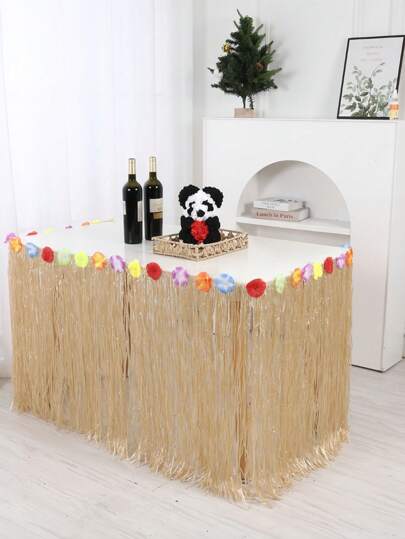 1 pieza Falda de mesa de paja amarilla para fiesta luau, de color paja, natural con flores de hibisco para decoración de fiesta tropical hawaiana luau, decoración con flecos para fiesta hawaiana, falda de mesa hawaiana para decoración de fiesta de disfraces tropicales hawaianos luau