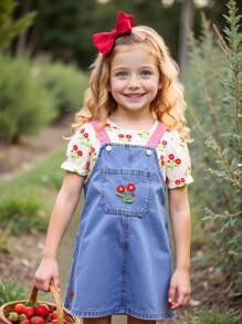 SHEIN 2pcs Young Girl Casual Floral Print Shirt & Denim Pinafore Dress Set - Light Wash - View 10