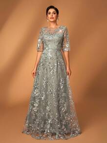 Serin 优雅奢华的灰色魅力泡泡珍珠水钻刺绣蕾丝V领薄纱短袖A字连衣裙，适合婚礼、单身派对、度假、舞会、晚宴、新娘母亲正式礼服、情人节等场合。 - 藕粉色 - 查看 4