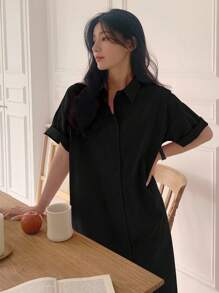 DAZY 女士宽松短袖中长款衬衫裙/连衣裙 - 黑色 - 查看 8