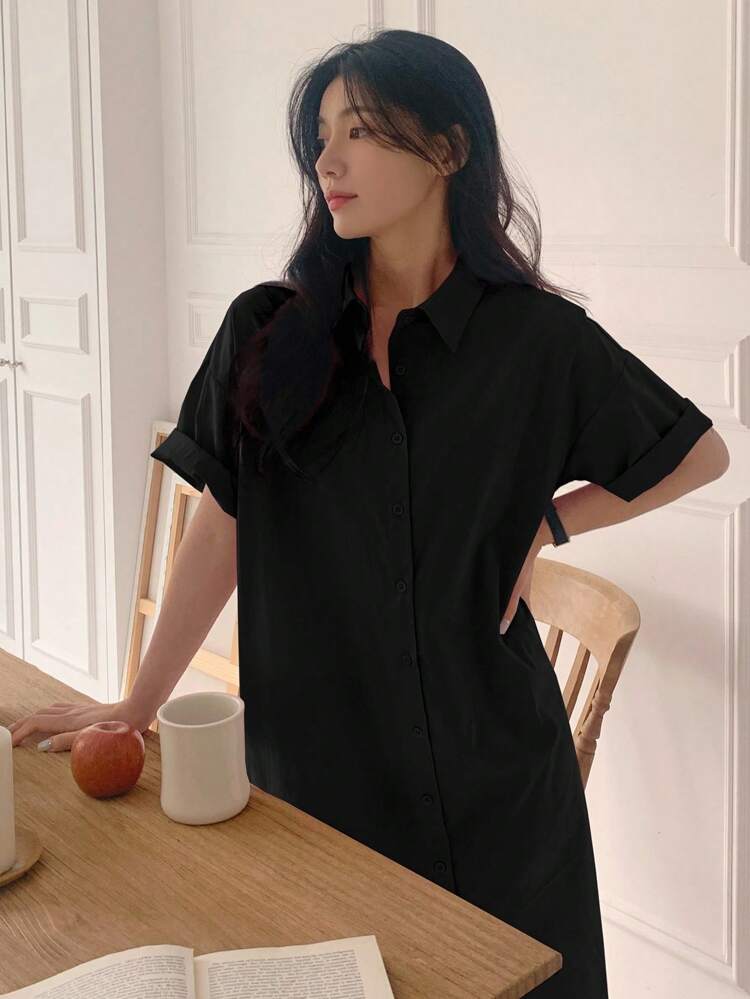 Women's Loose Short Sleeve Mid-Length Shirt Dress Maxi Dress